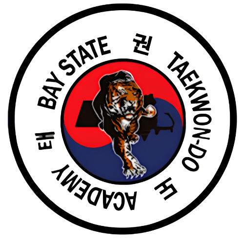 A logo for bay state taekwondo academy with a tiger in the center.